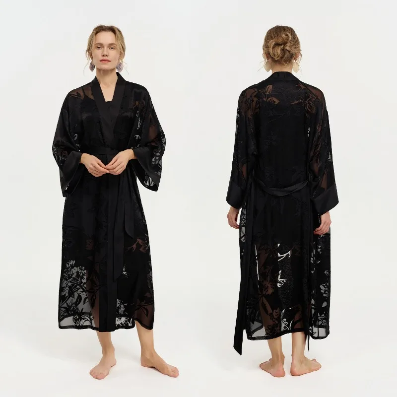 Women Floral Flocked Sheer Chiffon Kimono Collar Long Wrap Bathrobe Self Tie Belt Loungewear Elegant Transparent Night Robe