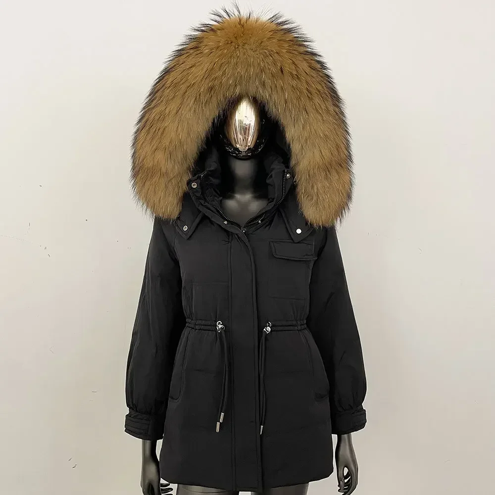 Piumino corto da donna 90% piumino d'anatra bianco caldo cappotto di pelliccia di procione naturale cappotto invernale in vera pelliccia con cappuccio Parka spesso cappotto di pelliccia di realtà