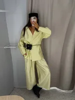 Solid Color Lace up Coat Long Pants Lady Set V-Neck Long Sleeve Jacket High Waist Straight Trousers Casual Chic Women's New Sets - Image 5