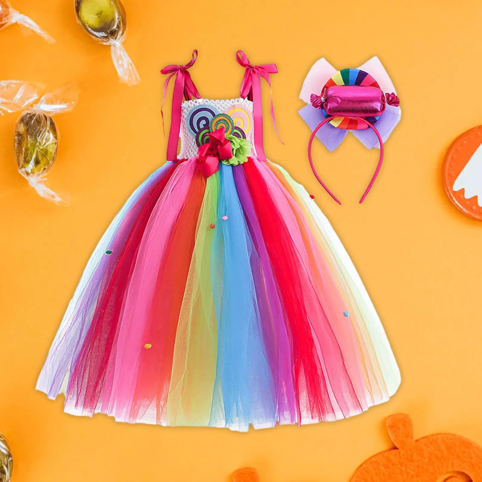 Fairy Stage Costume Girls Lollipop Dress with Headband Glitter Tutu Outfit for Dance Performance