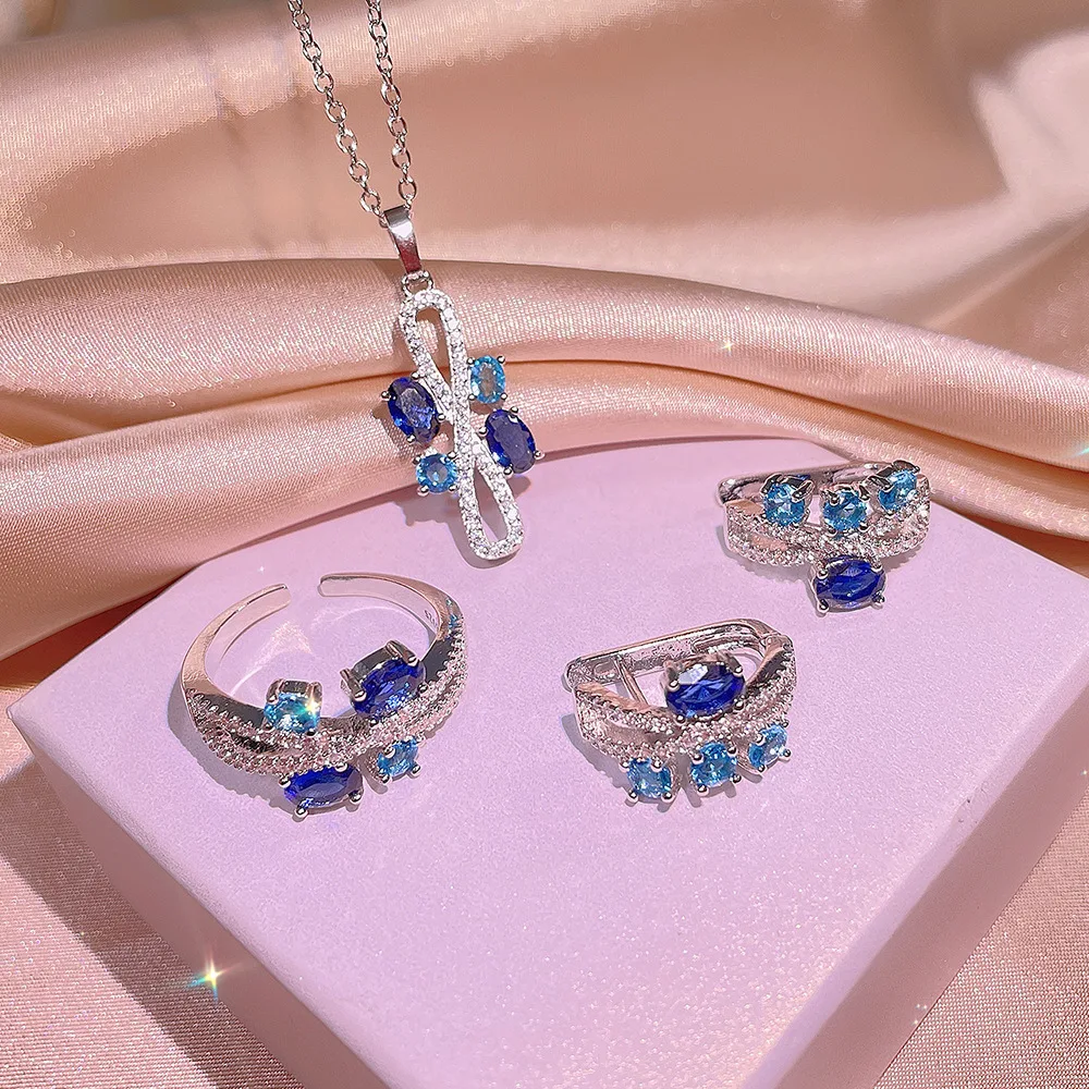 New small fragrance earrings micro-inlaid tanzanite temperament 925 sterling silver geometric three-piece jewelry party birthday