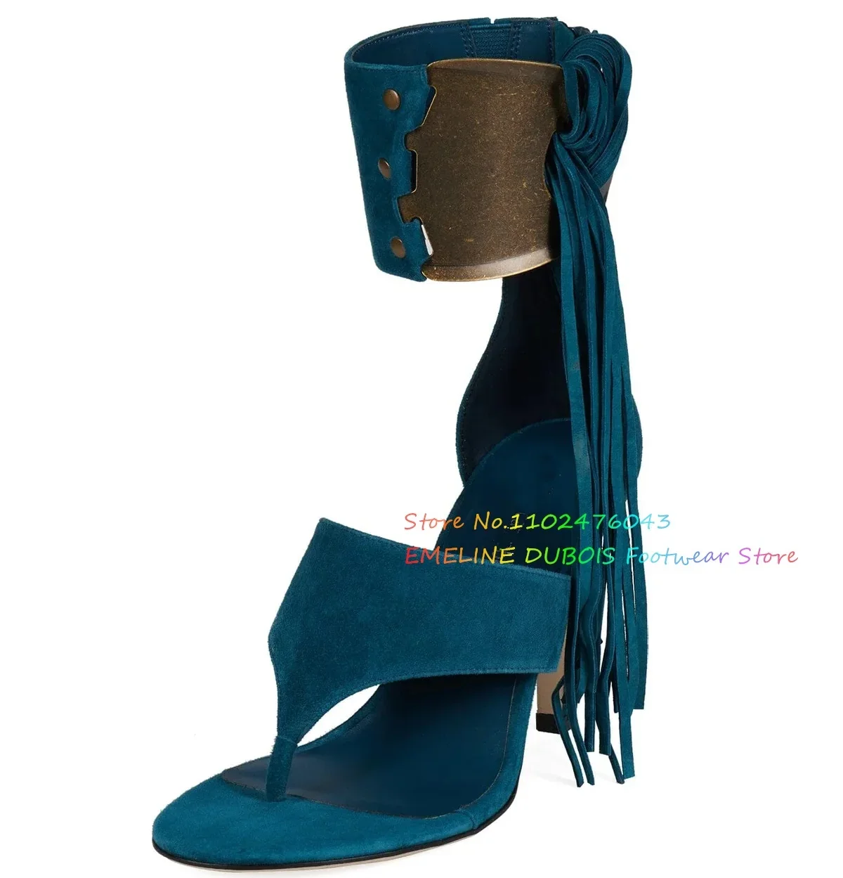 Brown Suede Metal Ornament High Heel Sandals Women Round Toe Stiletto Heel Fringe Detail Pinch Toe Ankle Strap Runway Shoes view 4