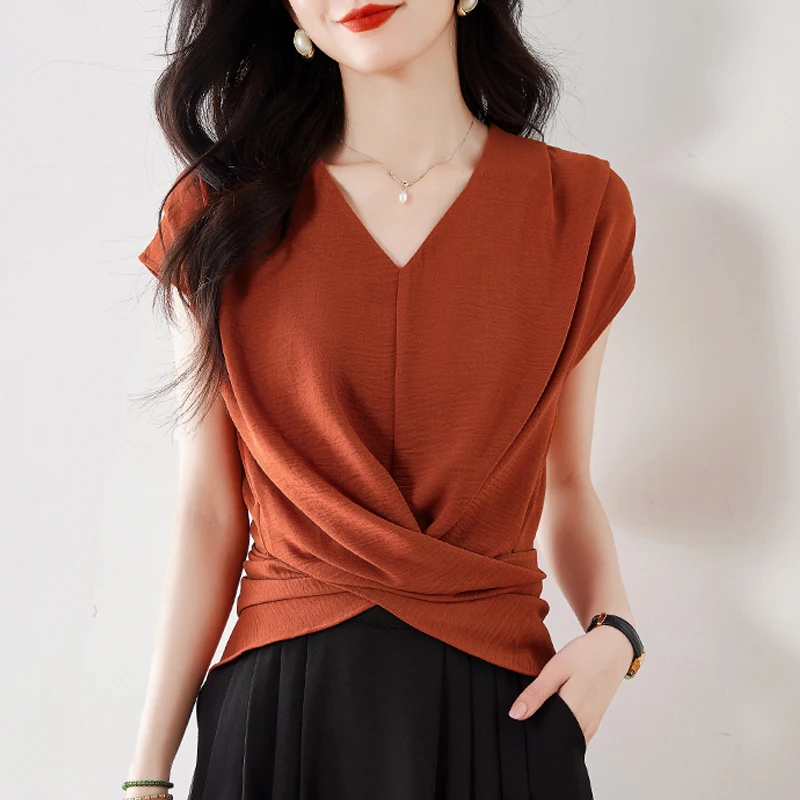 

Summer Clothing 2025 New Fashion Women Blouse Slim Cross Shirt Short Sleeve OL Tops V Neck Casual Shirt