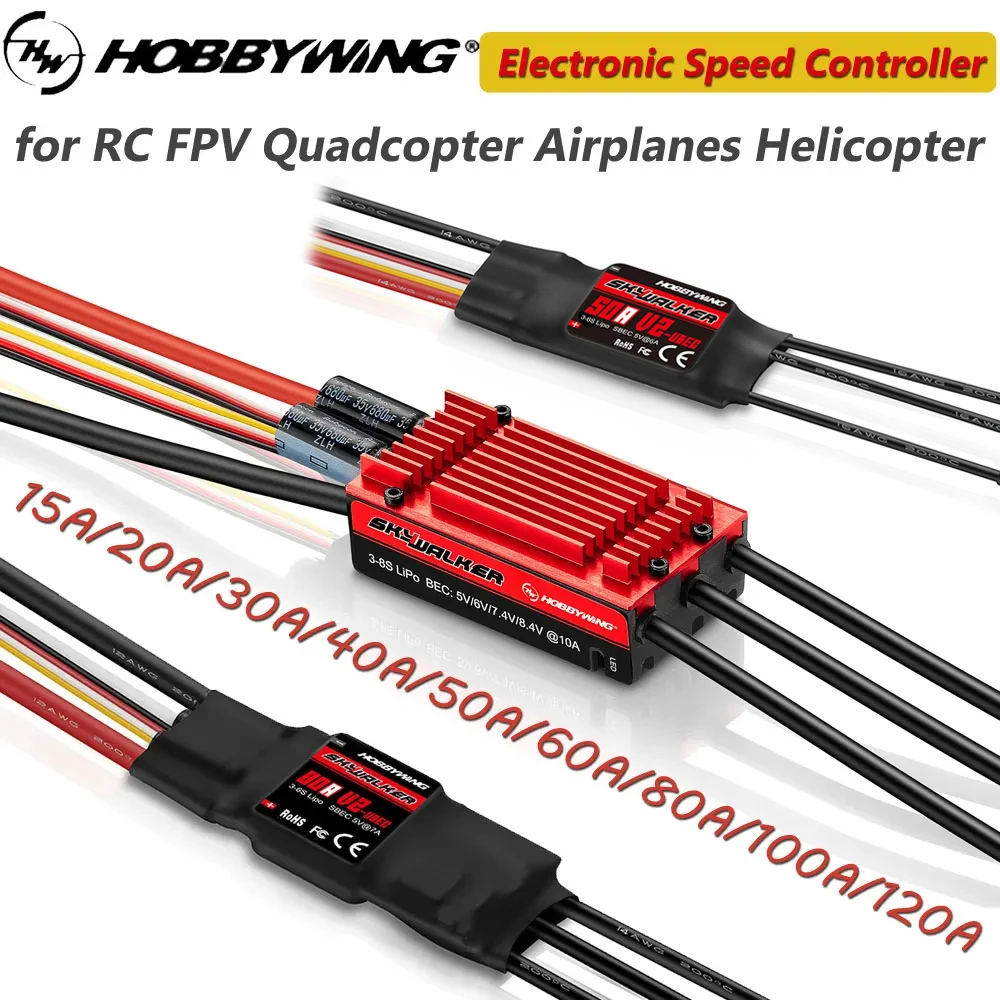 

Контроллер скорости Hobbywing 15A 20A 30A 40A 50A-6S 60A 80A 100A 120A-8S V2 ESC 2-8S W/UBEC для RC FPV Квадрокоптера Вертолета Дрон