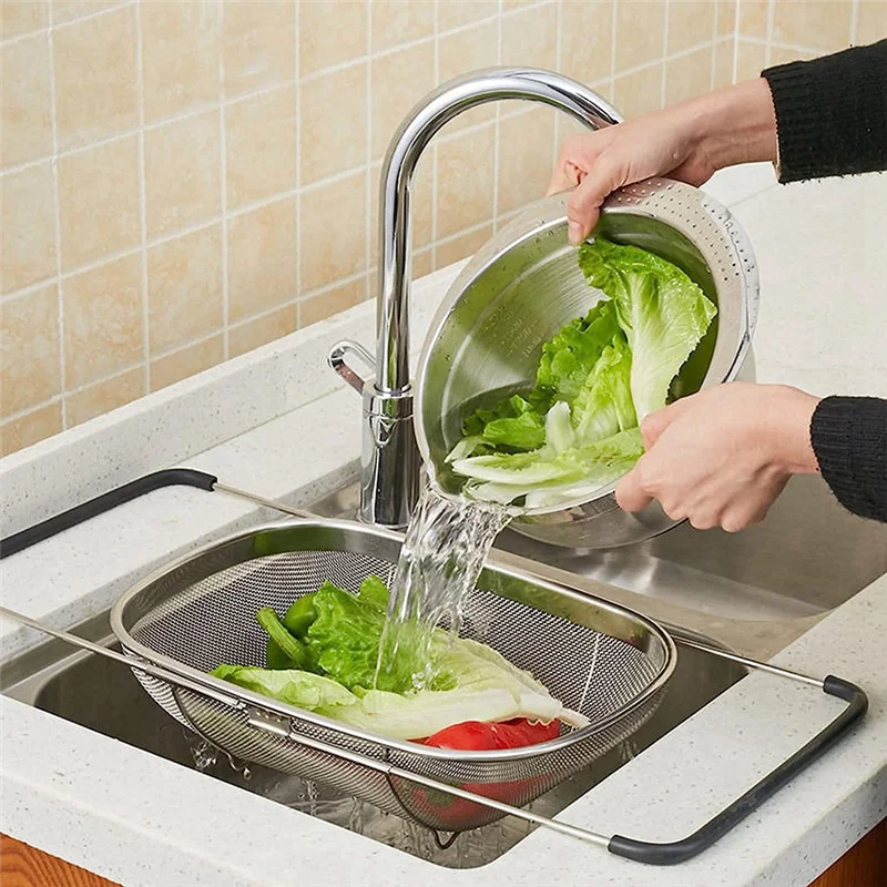 

FO-Stainless Steel Telescopic Strainer Basket, Vegetable Fruit Strainers,Rubber Handle Kitchen Sink Strainer Basket Tool