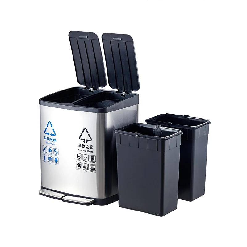 

XL Stainless Steel Step Trash Can Industrial Pedal Type Dry Wet Separation Recyclable Classification