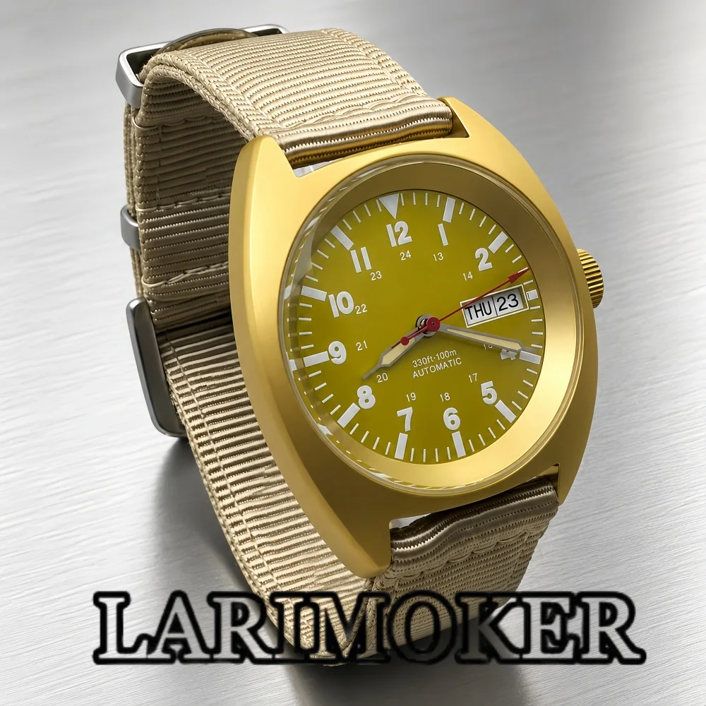 LARIMOKER 36mm 39mm NH36 Automatic Pilot Watch Men Gold Square Case Yellow Dial Sapphire Glass Luminous Nylon Strap