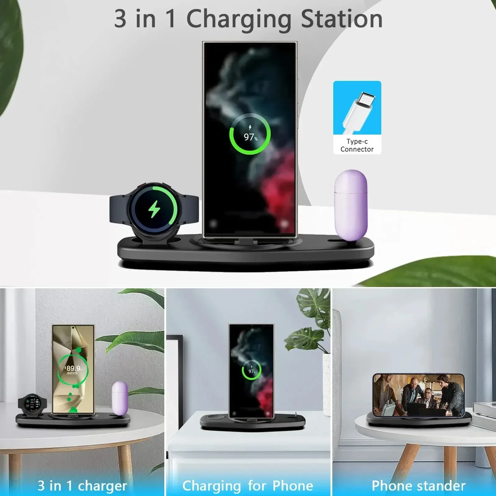 3 In 1 Wireless Charger Stand Pad Foldable Fast Charging Dock Station For Samsung S24 S23 22 Z Fold Galaxy Watch 5 4 Active Buds
