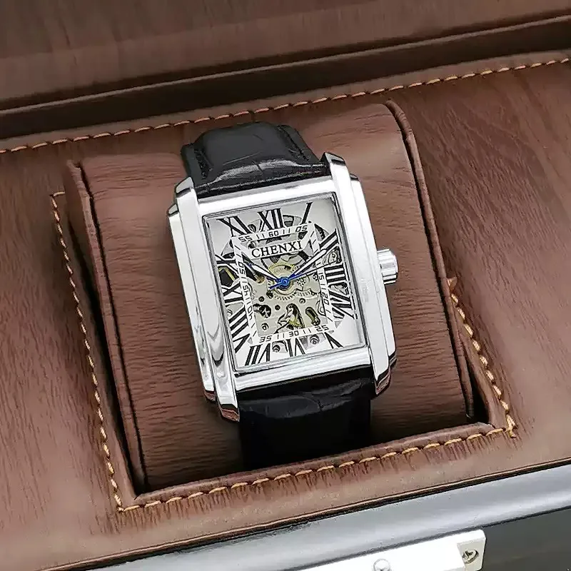 Quadratische Skelett-Mechanische Uhren für Herren Luxus Business Casual Automatikuhr mit Lederarmband Geschenk Handuhren für Männer