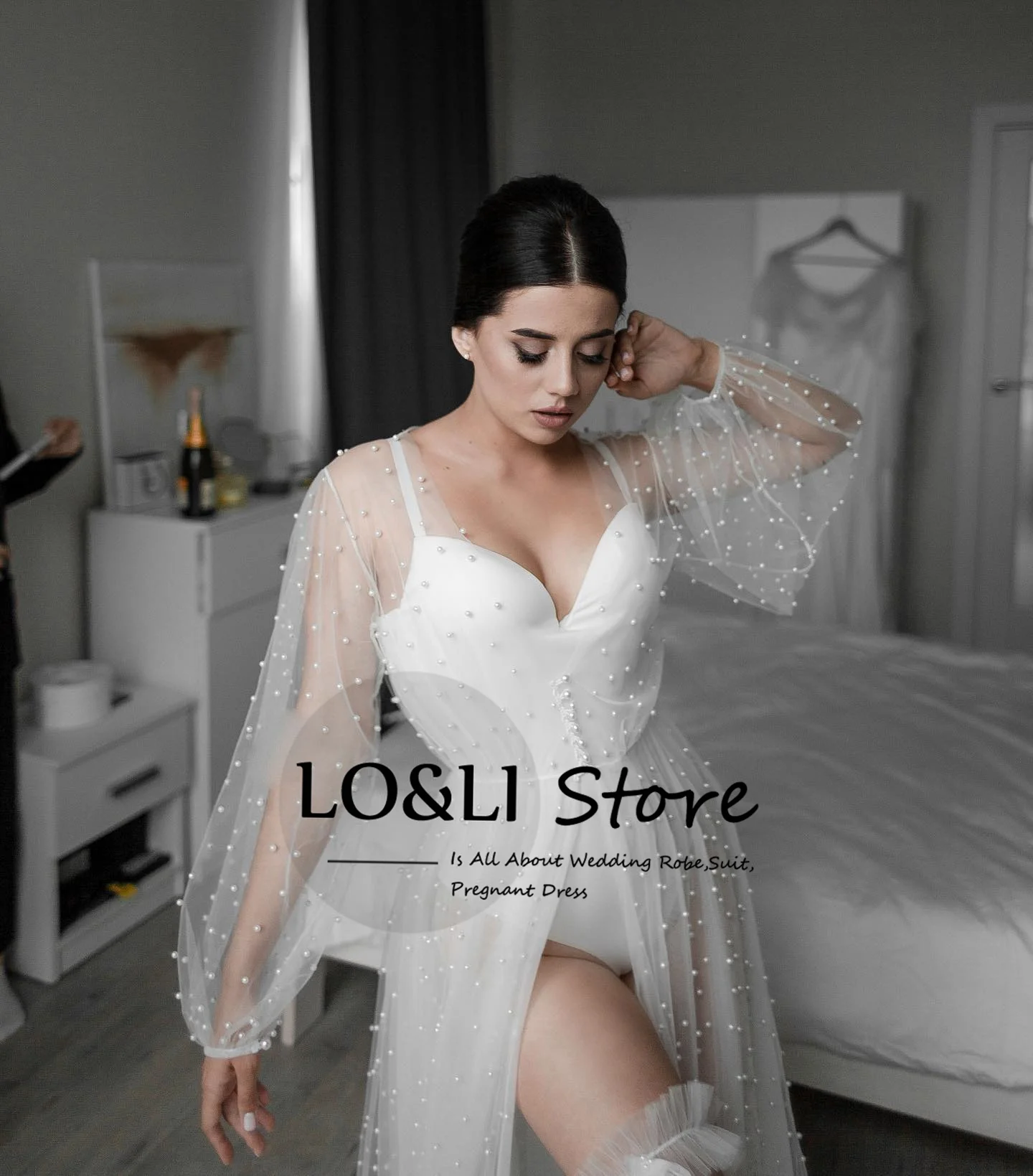 Pearl Robe for Bride Women Wedding See Through Sexy Pajamas Lantern Sleeve Female Bridal Bathrobe Long Maternity Photoshoot