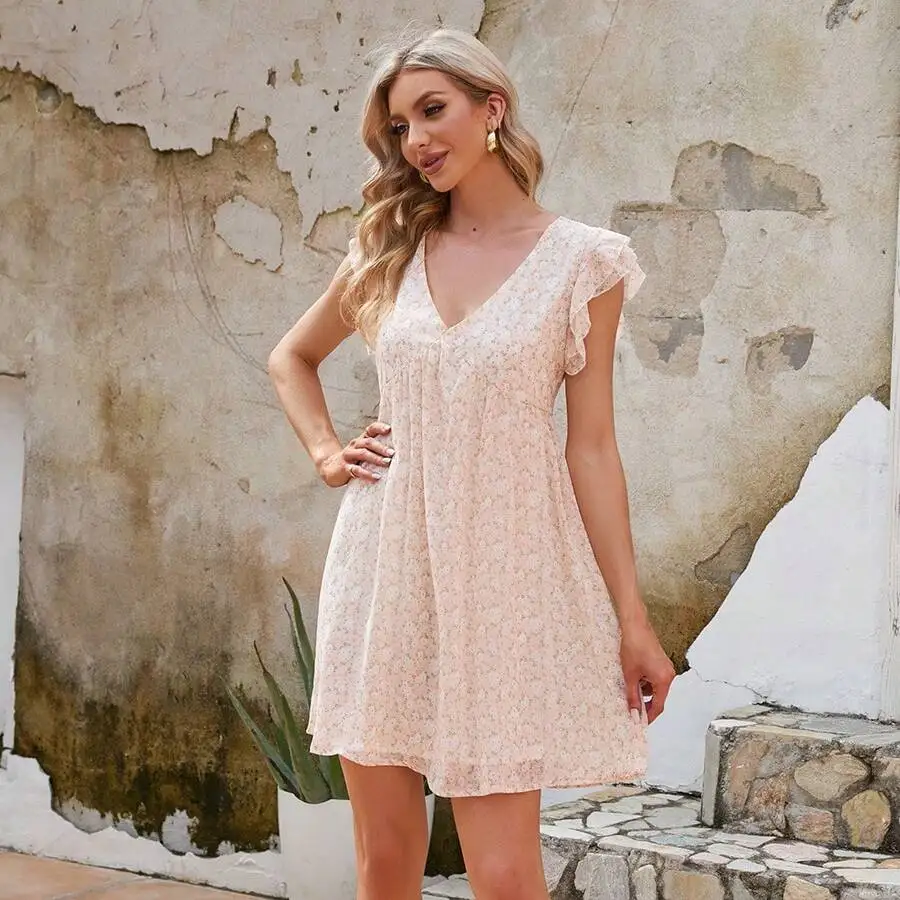 

Womens Spring Summer Floral V-Neck Loose Ruffle Sleeve Dress