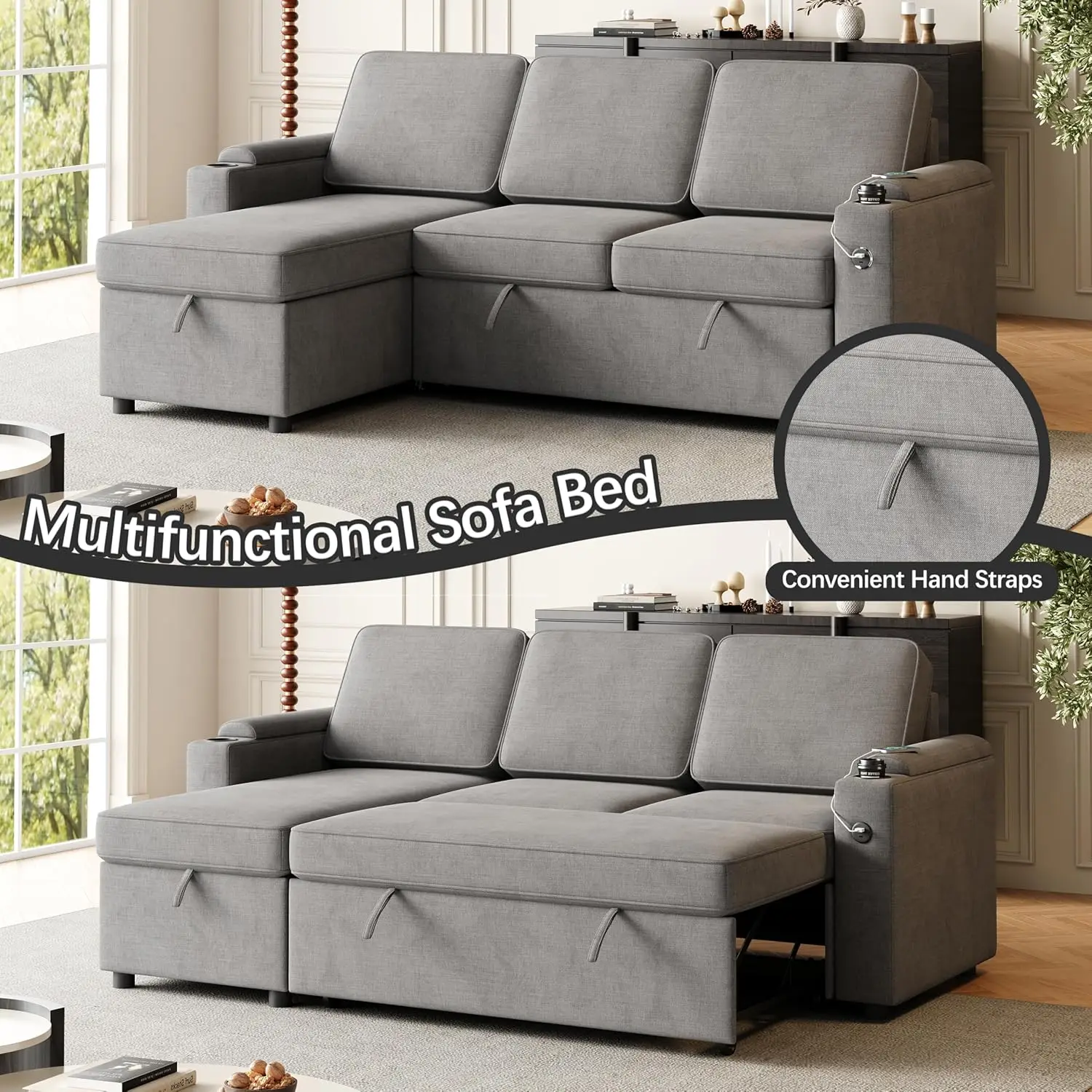 86"" Sleeper Sofa, L-Shaped Sectional Sofa Bed With Storage Chaise, Usb Charging Ports And Cup Holders, Reversible 2 In 1 Pull