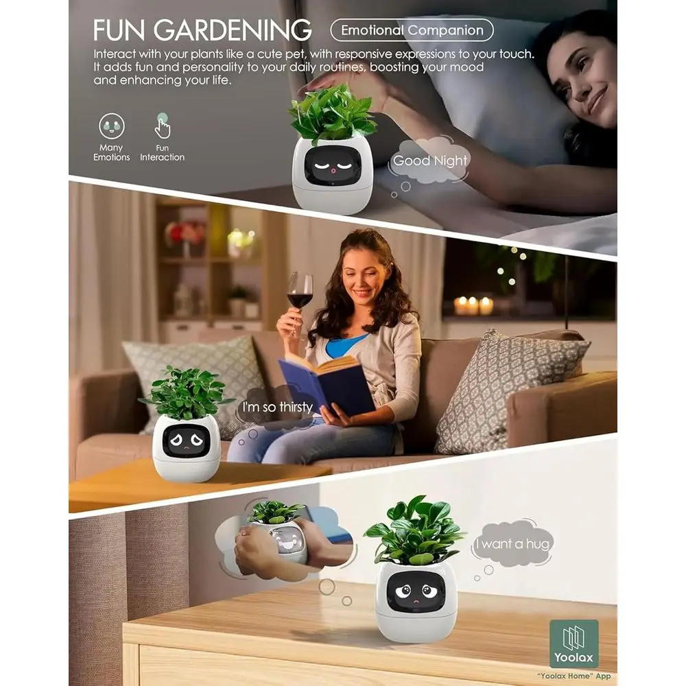 Inteligentny doniczka do pielęgnacji roślin z instrukcjami w formie emotikonów, idealna do dekoracji wnętrz i na prezenty, żółta