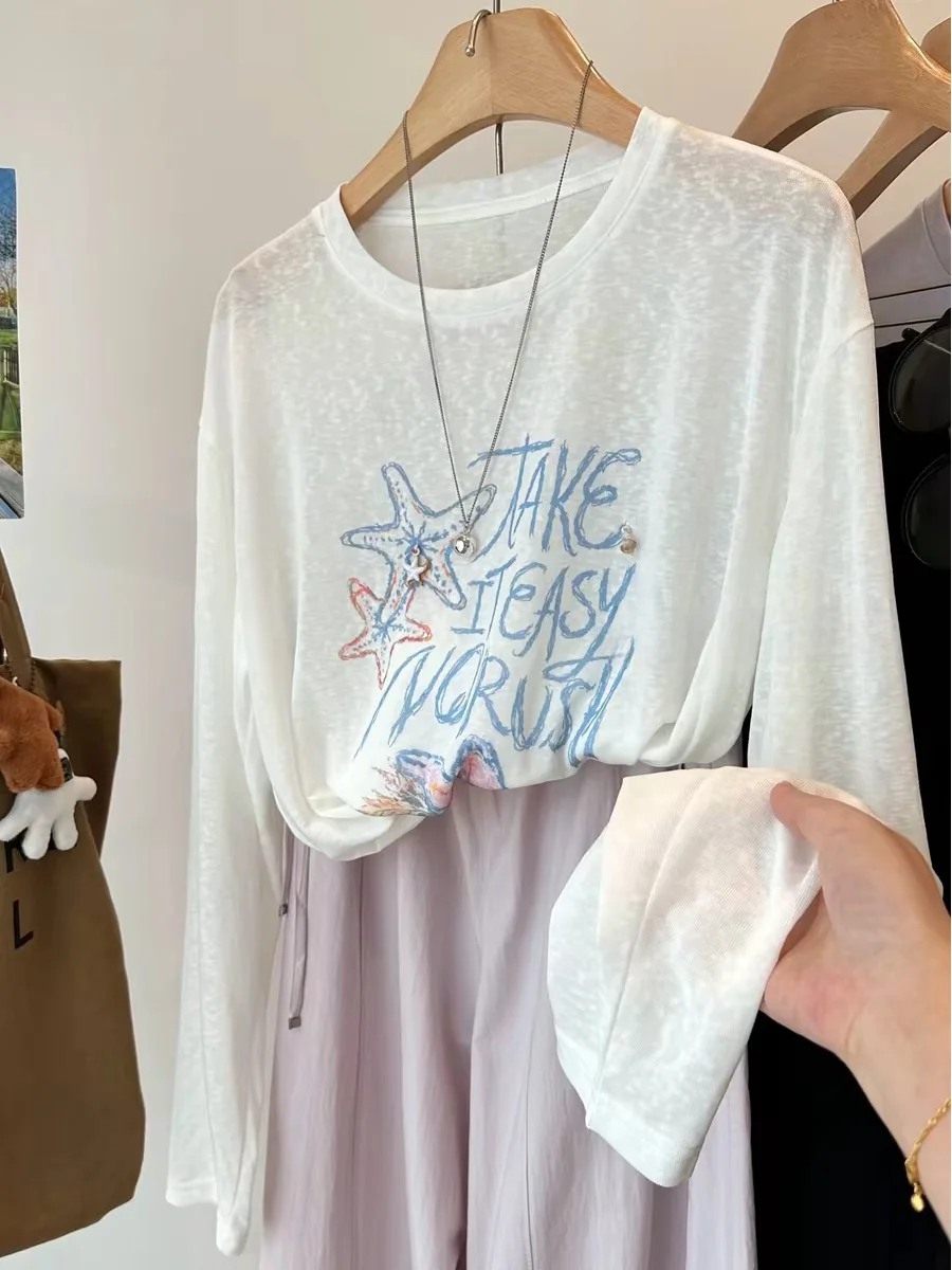 

plus Size Women's Long Sleeve T-Shirt Summer Thin Loose Sun Protection Cover up Top Star Embroidery Casual Korean Style Cotton