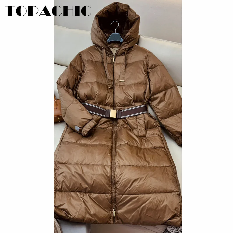 8.31 TOPACHIC-Women Quilted Sashed Collect Waist Long Down Jacket Hooded Keep Warm Double Zipper Goose Down Thick Outerwear