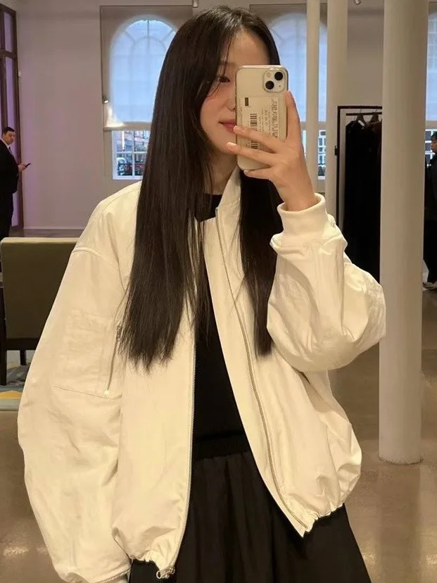 

Loose Korean Sle Baseball Jaet Women's Autumn Faion Outerwear ort Zipper Closure Pure Color Versatile Casual Design
