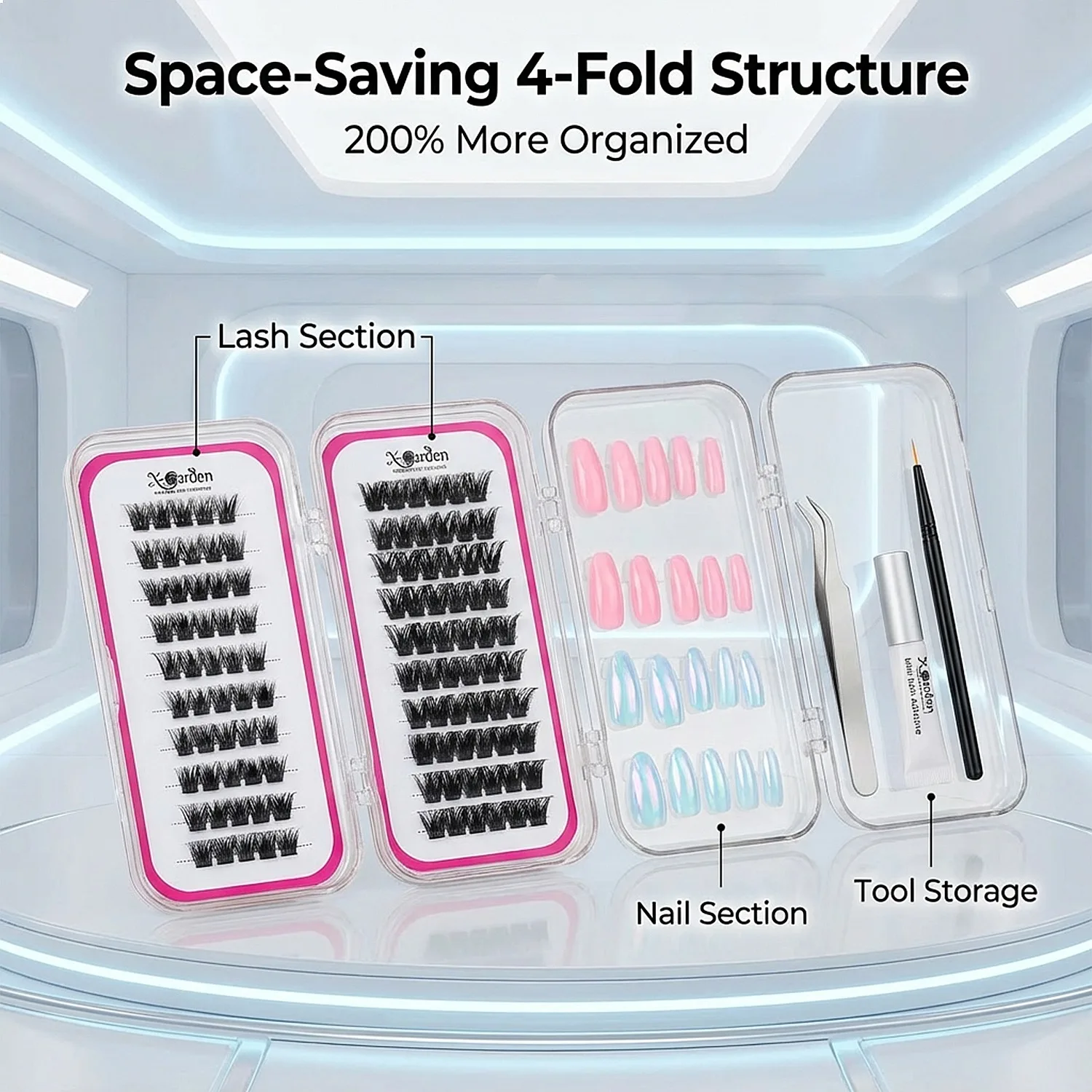 Portable 4-Layer Folding Eyelash Storage Box Individual Cluster Lashes Reusable Self-adhesive Press on Nails with Tools