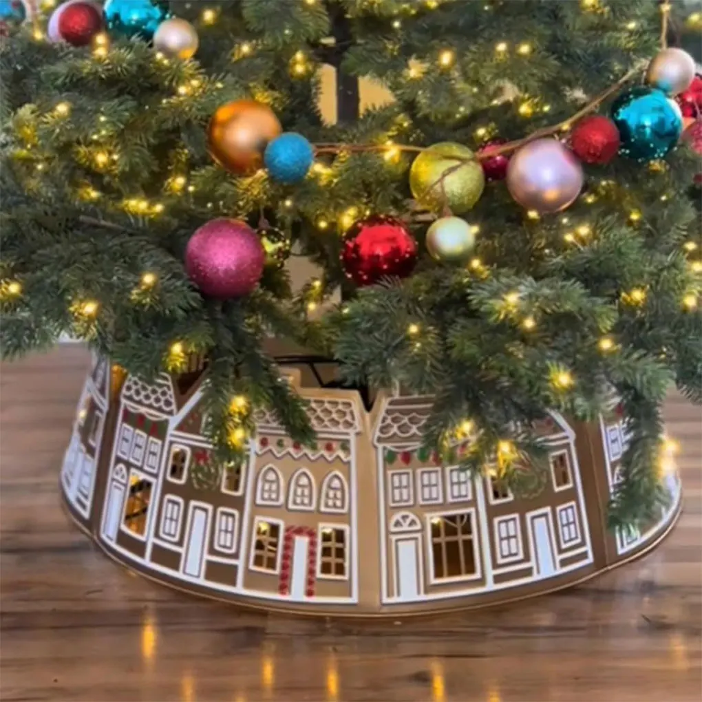 LED Christmas Tree Skirt With Snowflake Patterns And Christmas House Shape Metal At Top And Bottom