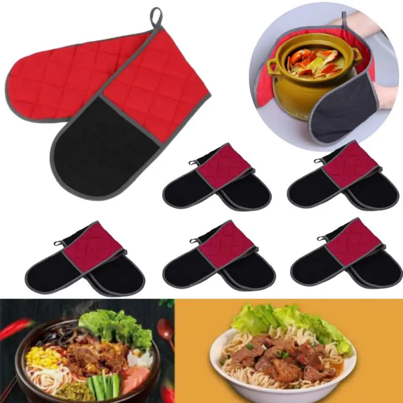 1pcs Red Silicone Circle Style Kitchen Oven Mitt Glove Potholder With Extra Long Canvas Sleeve Stitching For Grilling And BBQ