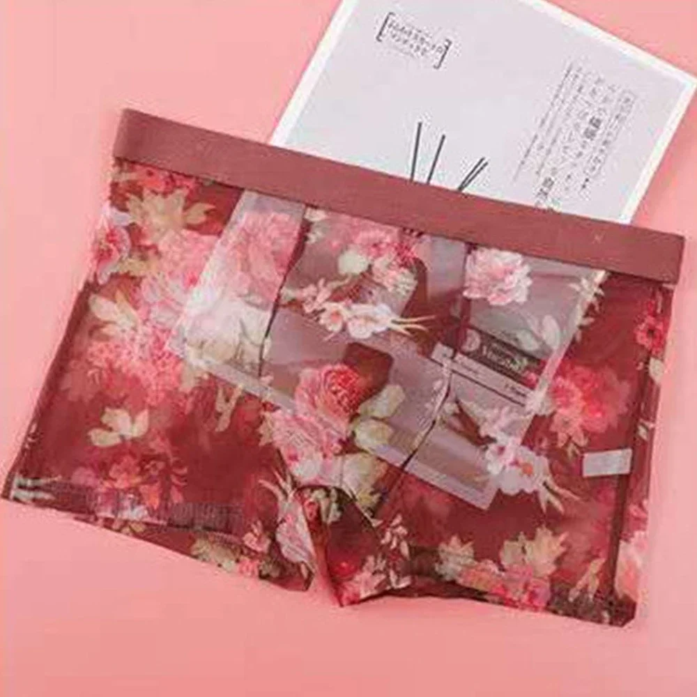 Men Mesh Floral Print Large Size Stretch Underwear Ultra-Thin Breathable Underpants See Through Panties Transparent Boxer Briefs