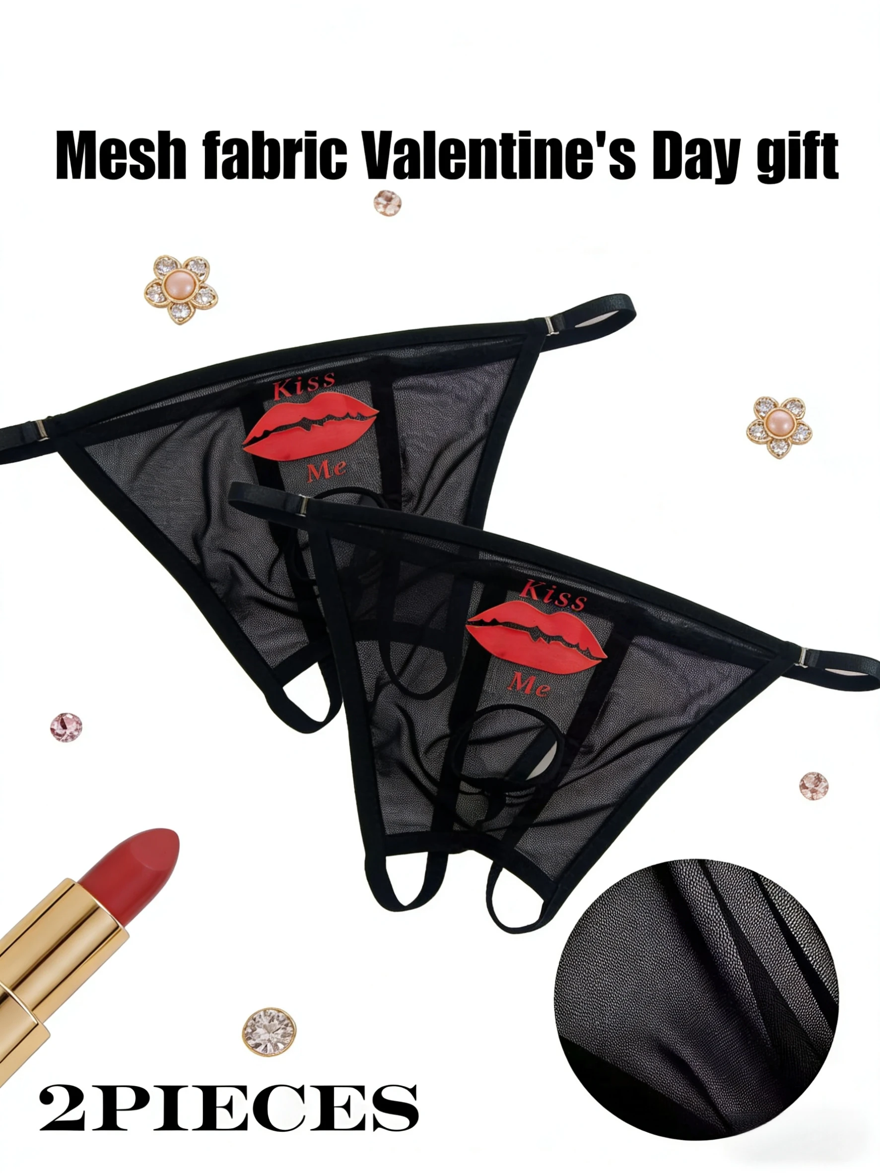 

2pcs high-quality mesh sexy thong underwear for men, with 'Kiss Me' letter print, lip print, crotch hollow out, skin friendly