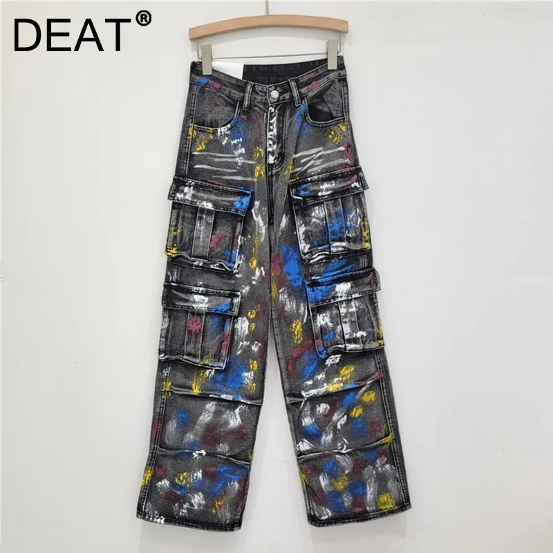 DEAT Fashion Women's Multi Pocket Decoration Jeans High Waist Straight Wide Leg Cargo Denim Pants 2024 Autumn New Items 11A0594