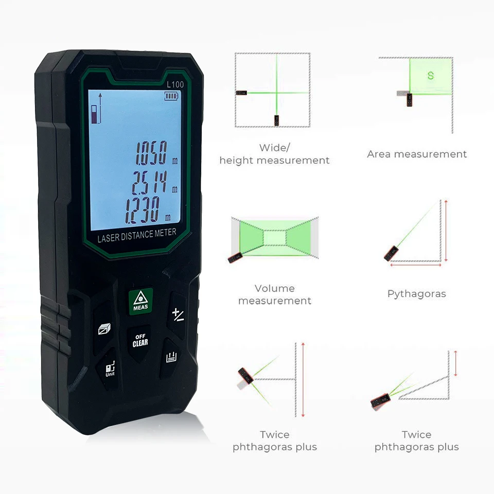 Heipoe 50/70/100/120m Green Beam Laser Distance Meter with LCD Distance, Area, Volume Measure Tool Laser Range Finder