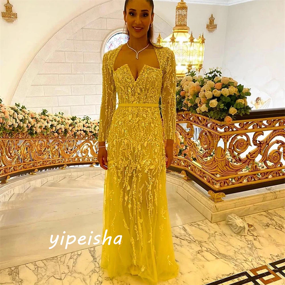 Customized Intricate High Quality V-neck A-line Party Dress Beading Paillette / Sequins Draped Floor length Organza Evening