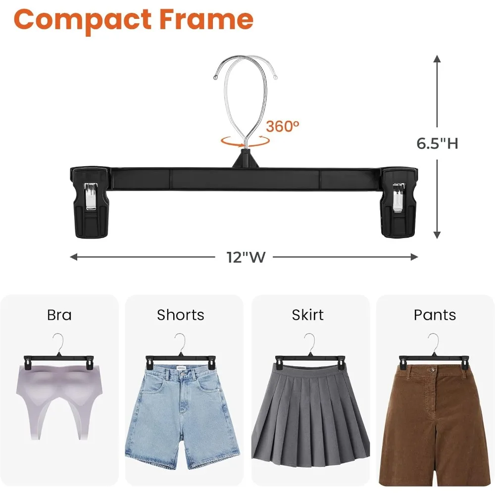 Black Pants Hangers with Clips 200 Pack, 12 Inch Skirt Hangers for Closet