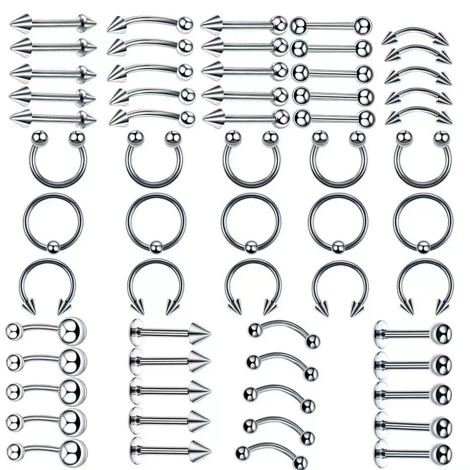 

60PCS Body Piercing Jewelry Lot Surgical Steel Nose Lip Tongue Cartilage Tragus Eyebrow Industrial Barbell Rings Piercing Kit
