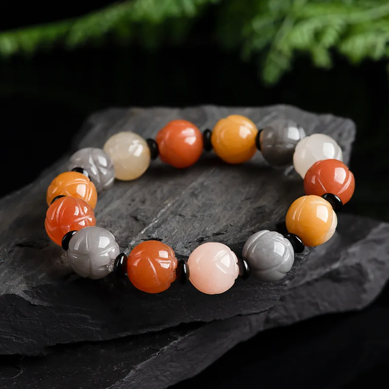 Natural Golden Silk Jade Lotus Bracelet, 12.5mm 9.5mm Bead Size Optional, Retro Handwoven Gemstone Jewelry for Men Women