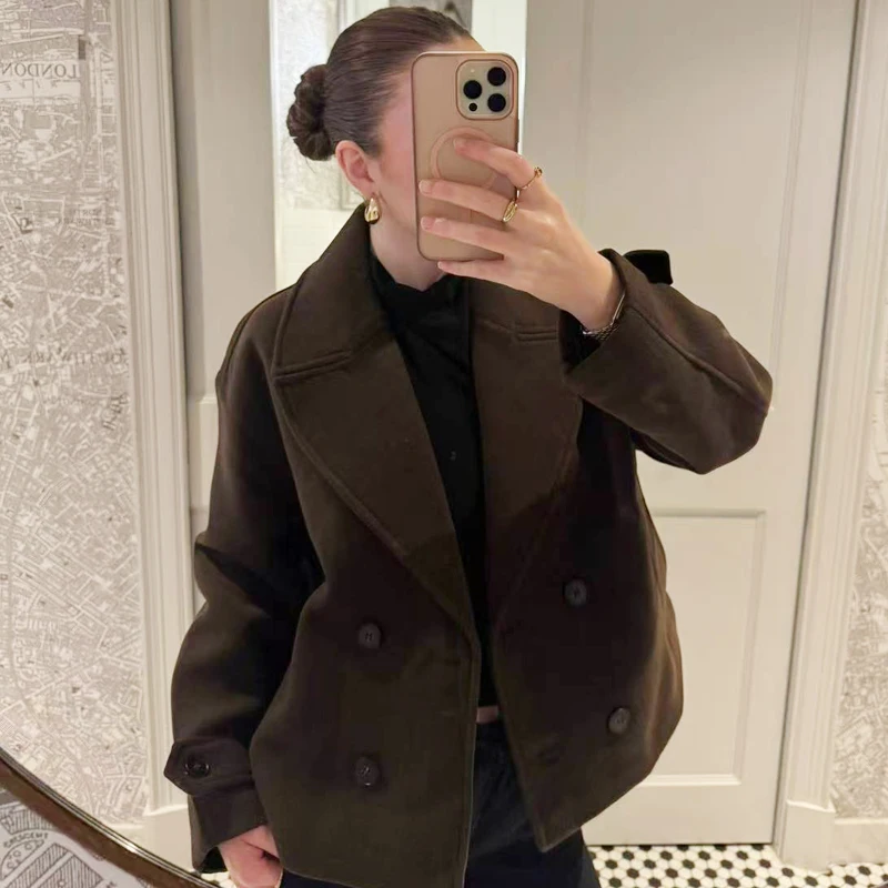 سترة HXAO تويد مقصوصة سترات نسائية لخريف وشتاء 2025 جديدة في المعاطف والسترات البنية مزدوجة الصدر وأكمام طويلة ملابس خارجية #6