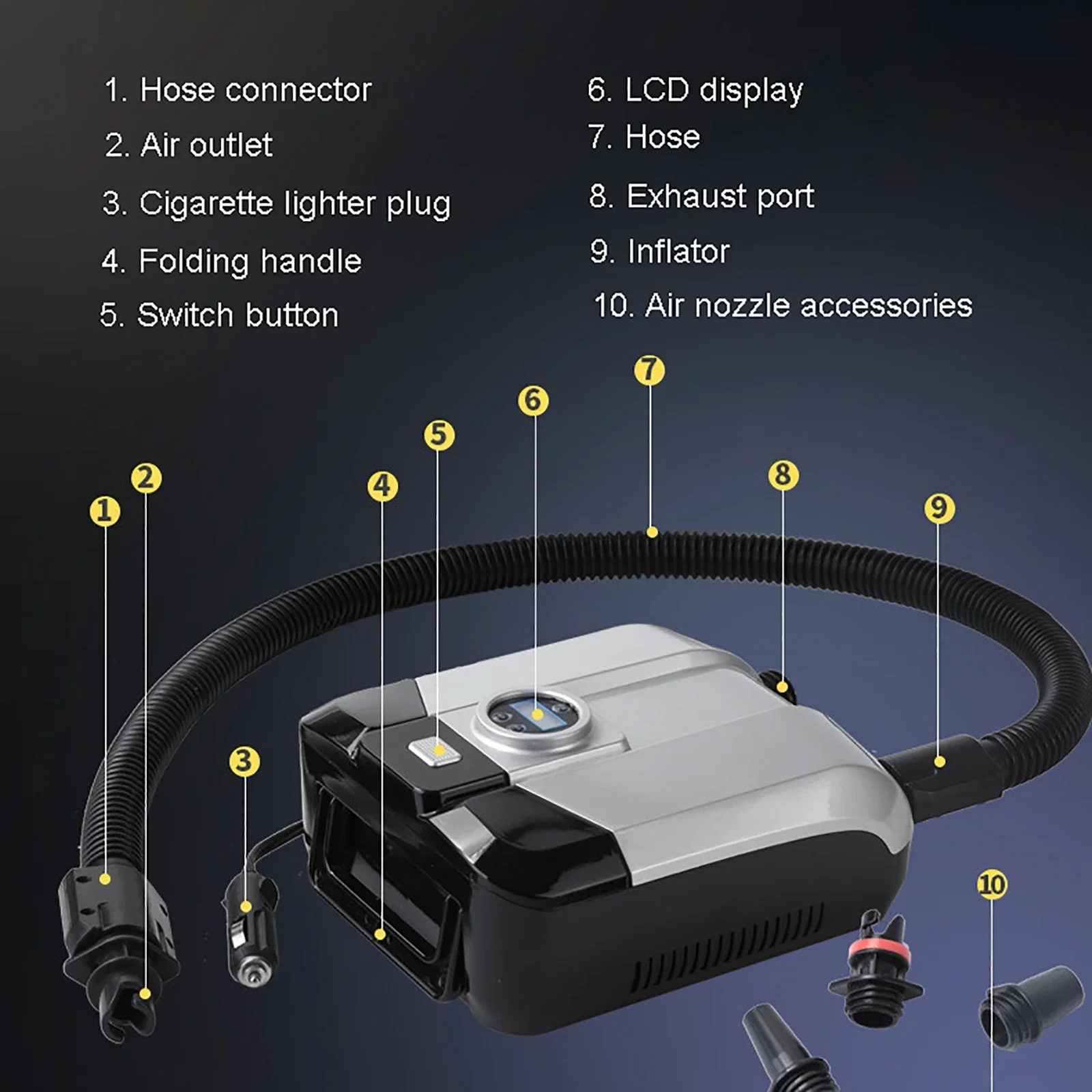 12V Electric Inflator Pump Electric Air Pump Digital Display Air Pump with 4 Nozzles for Pulp Board SUP Assault Boat