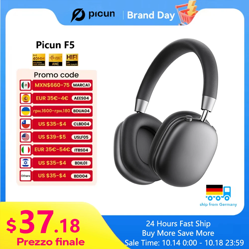 

Picun F5 ANC Wireless Bluetooth 5.3 Headphones Hi-Res Audio Over Ear Headset 25dB Adaptive Noise Cancellation Earphones 50H