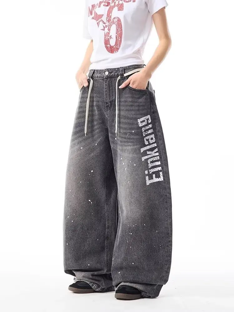 

American Retro Inkwash Printed Letter Jeans Women's High Waist Wide Leg Loose Pants Trend Black Gray Jeans Female Pants 2025 New