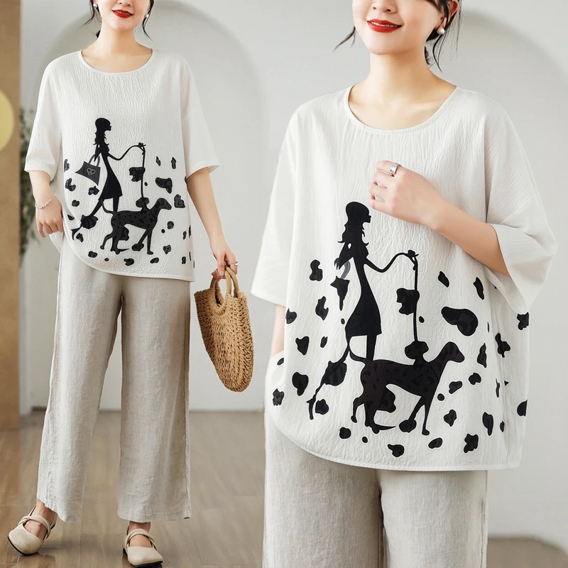 

plus Size Women's Slimming Youthful Concealing Summer New Fashion Top Printed T-Shirt Stylish Base Shirt Artistic Commute Style