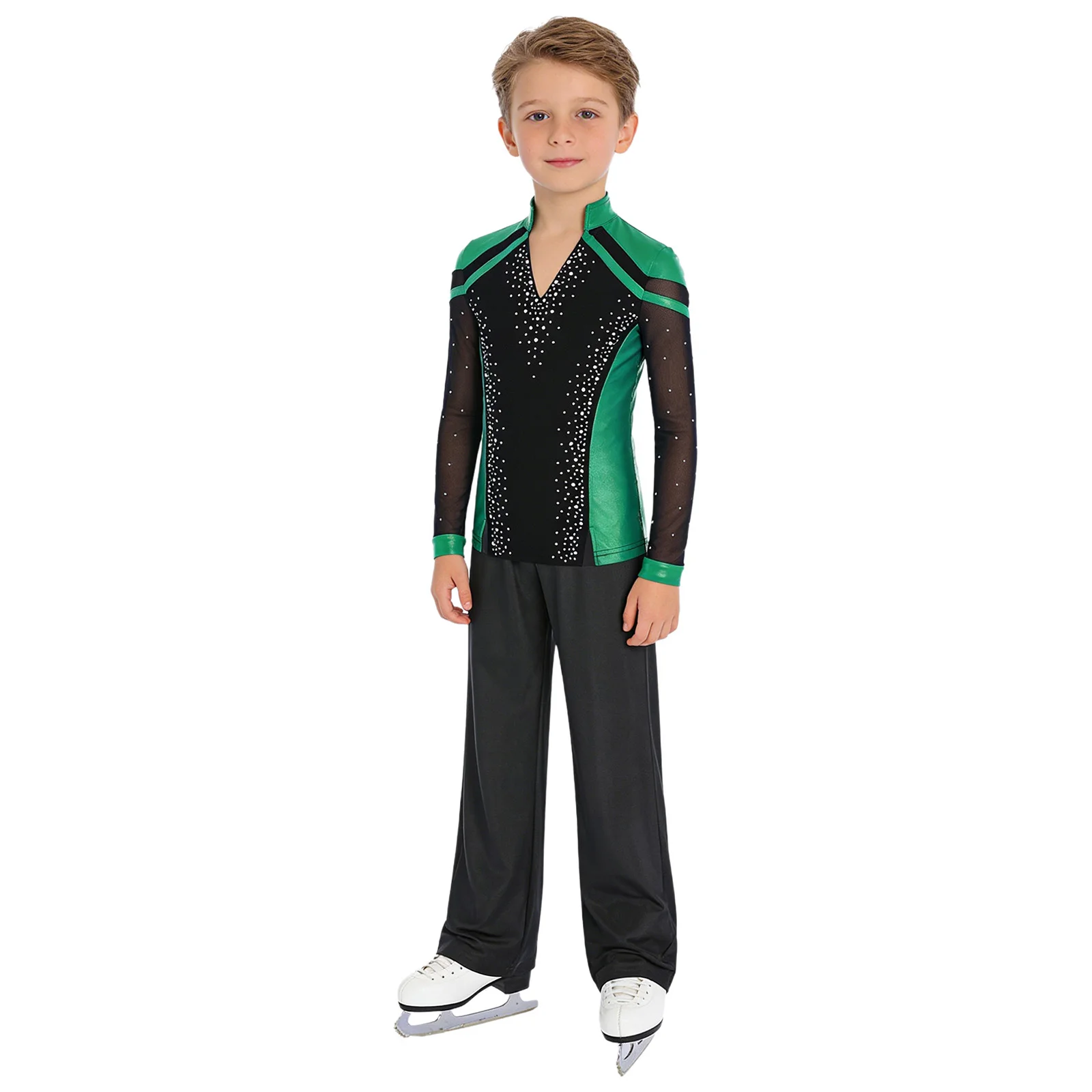Kids Boys Figure Ice Skating Costumes Long Sleeve Shiny Rhinestones Metallic Top+Pants 2-piece Sets for Ballet Dance Performance
