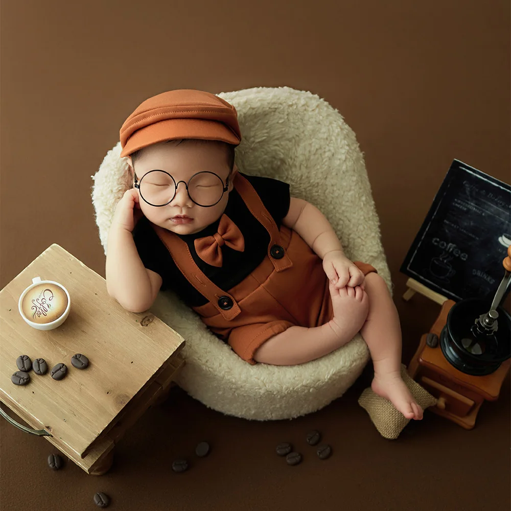 1 Month Baby Boy Photography Outfit Little Gentleman Clothes Suit Coffee Drinking Set Photography Props Newborn Outfit Props