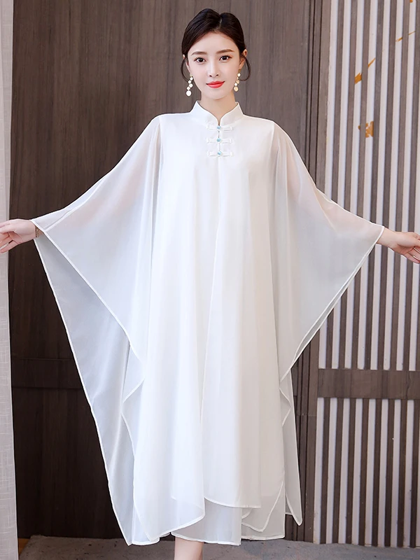 Nuevo Vestido de Chifón Estilo Chino Renovado de la Era Republicana, Vestido Han Su Estilizado para Mujer, Talla Grande, con Mangas Murciélago, Traje para Ceremonia del Té