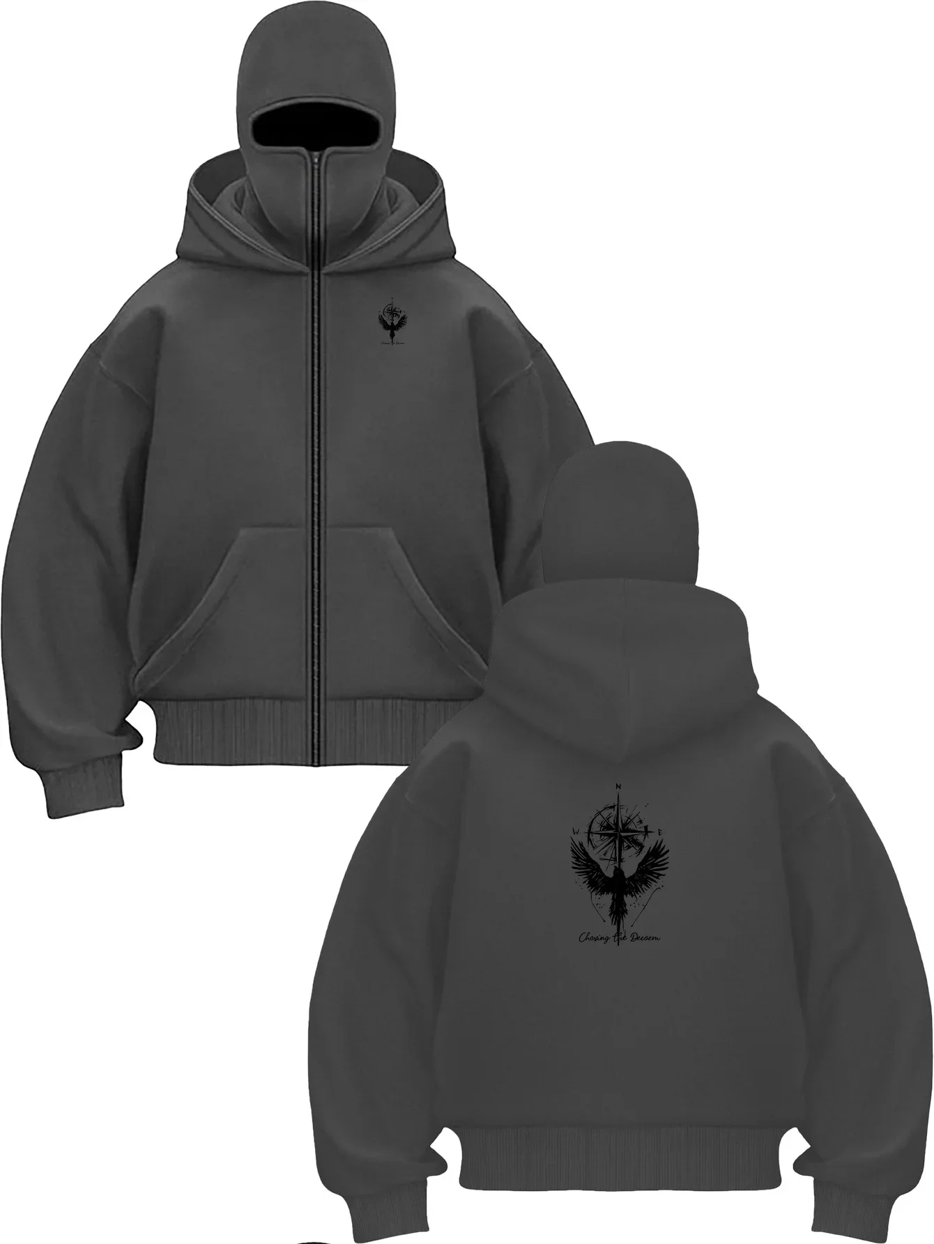 2026 autumn and winter new hooded hood with zipper for men and women, double-sided bird and compass pattern printed for comfort