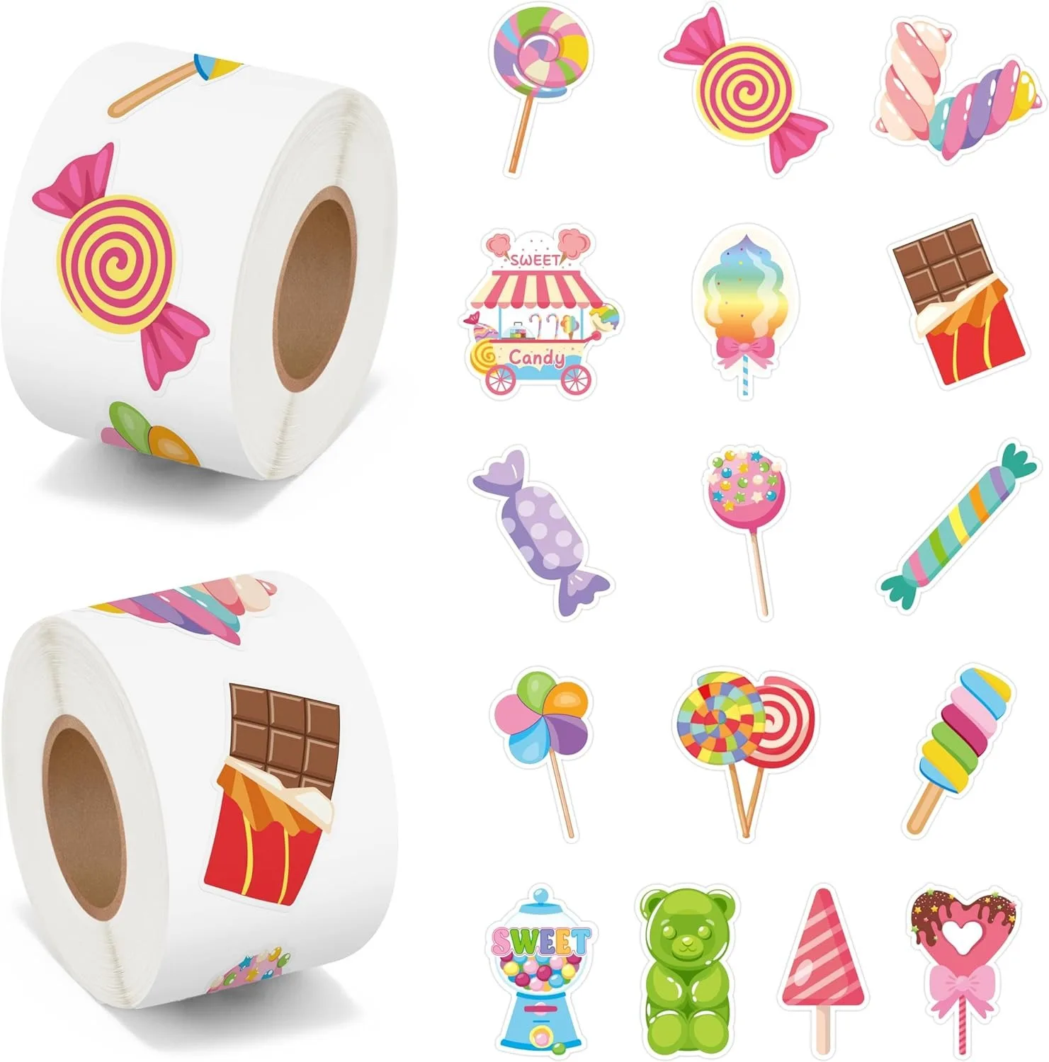 Rollo de 500 pegatinas de dulces para fiestas - Adhesivos bonitos de postres para regalo, laptop, botella, álbum de recortes, equipaje, computadora, decoración de sobres para niños