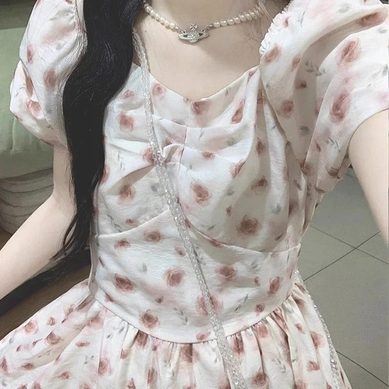 French Style Fashionable Casual Floral Dress Summer Sweet Age Reduction Temperament Lady Elegant Young Style Slim Princess Dress