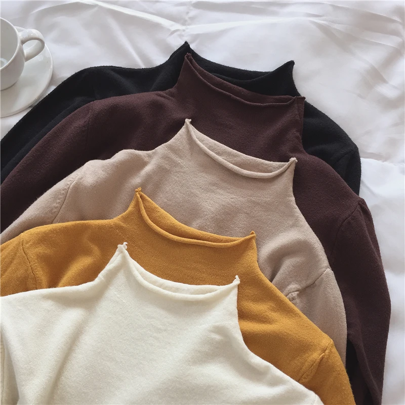 

Long Sleeve Knitted Base Shirt Women's Spring Autumn New Korean Version Tight Fit Roll Sweater Half High Collar Crew Neck