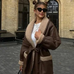 2024 Plush Leather Jackets Female Autumn Winter Fashion Korean Elegant Version Lapel Long Sleeved Patchwork Jacket Overcoat Tops