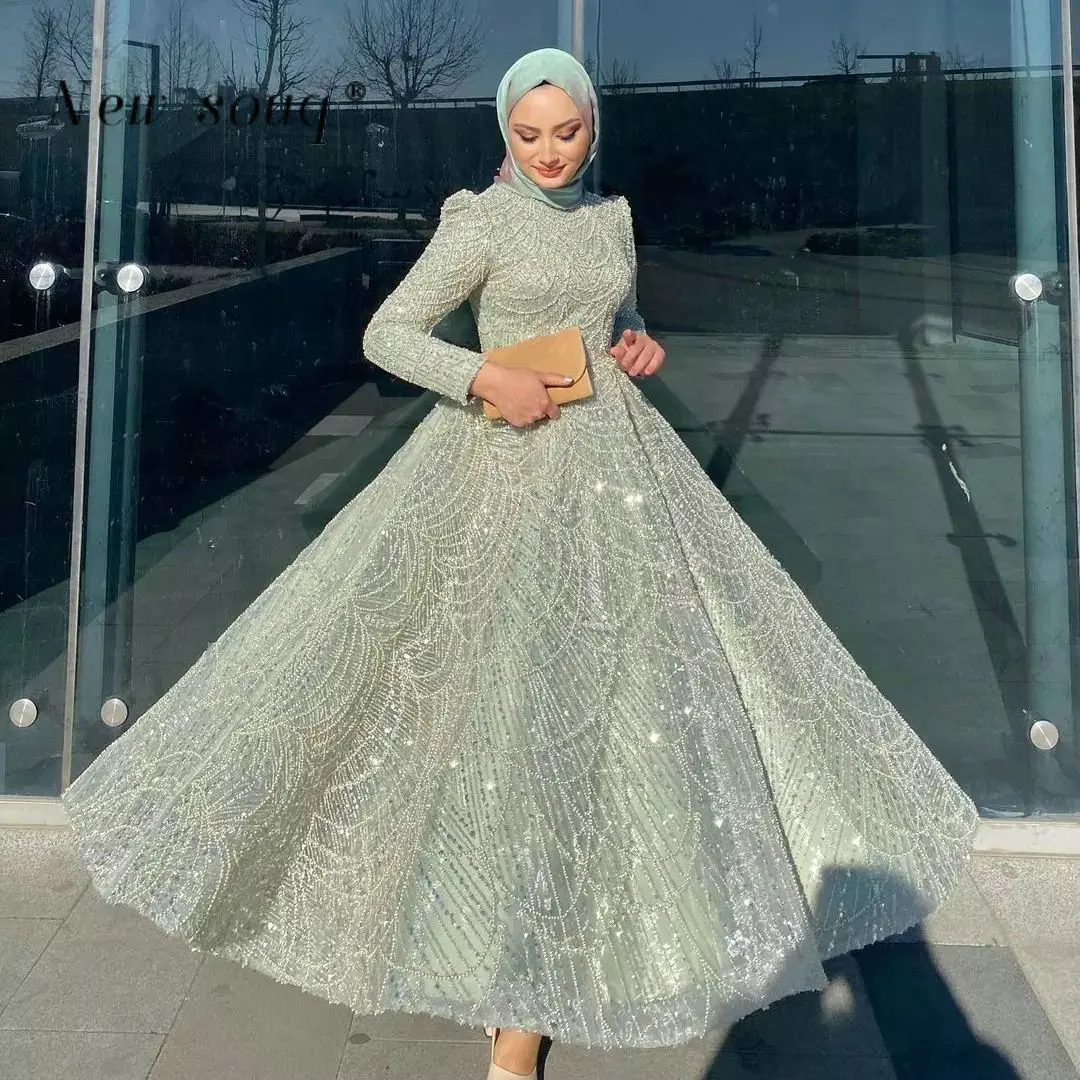 Puffy Sage Green Tea Length Heavy Beaded Evening Dresses Muslim Long Sleeves Elegant Wedding Guest Gowns for Women Party Prom