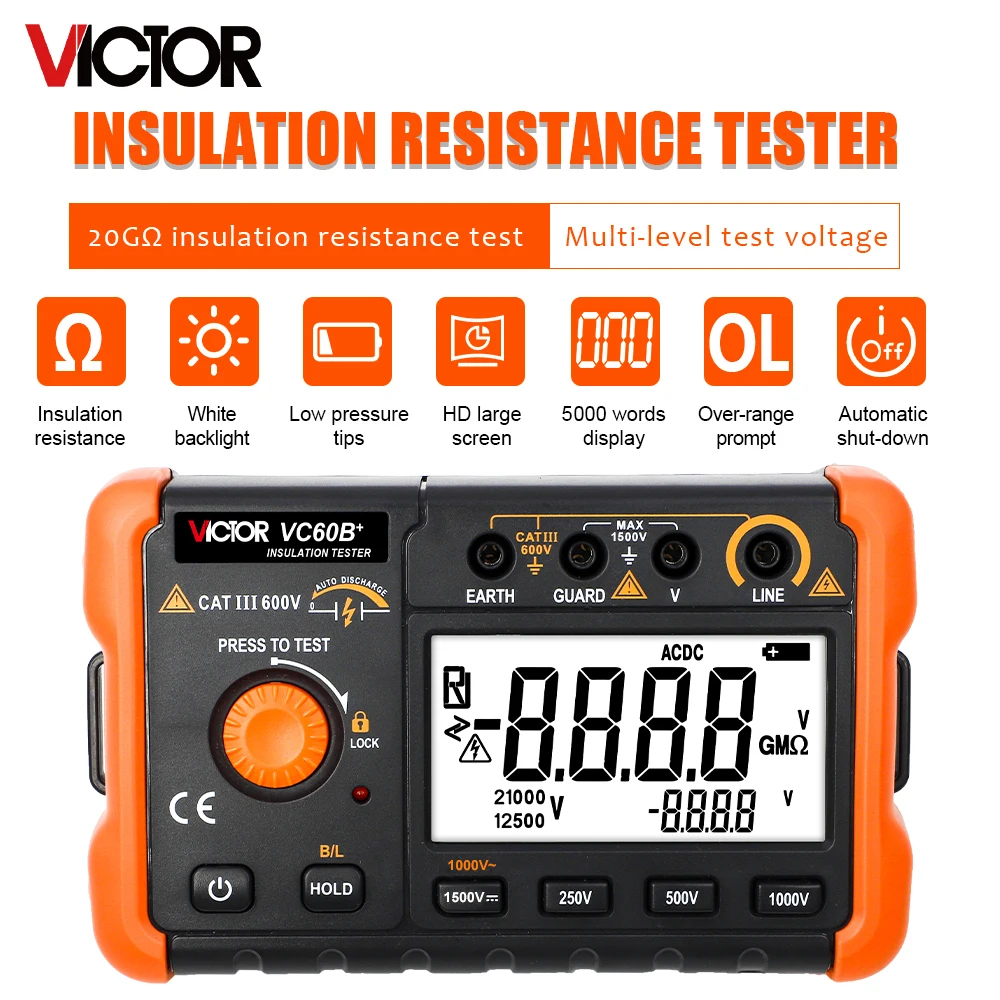 Victor 60B+ Insulation Tester 1500V Digital Multimeter 5GΩ Megometro Earth High Voltage Resistance Meter Ohm Megohmmeter Tool