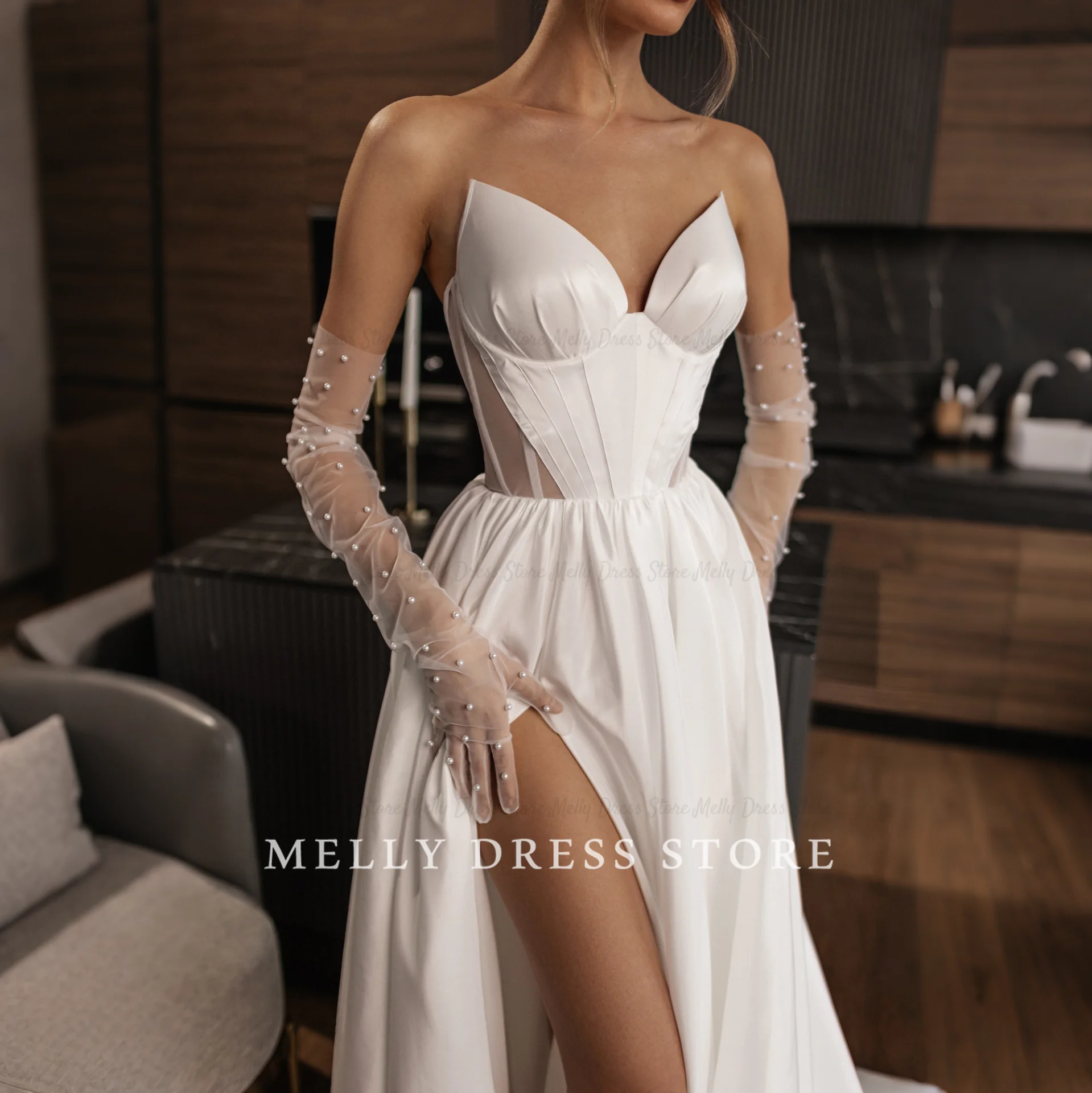 

Melly Wedding Dress Sweetheart Strapless Dresses for Women Backless A-line Side Slit Sweep Train свадебное платье Customized New
