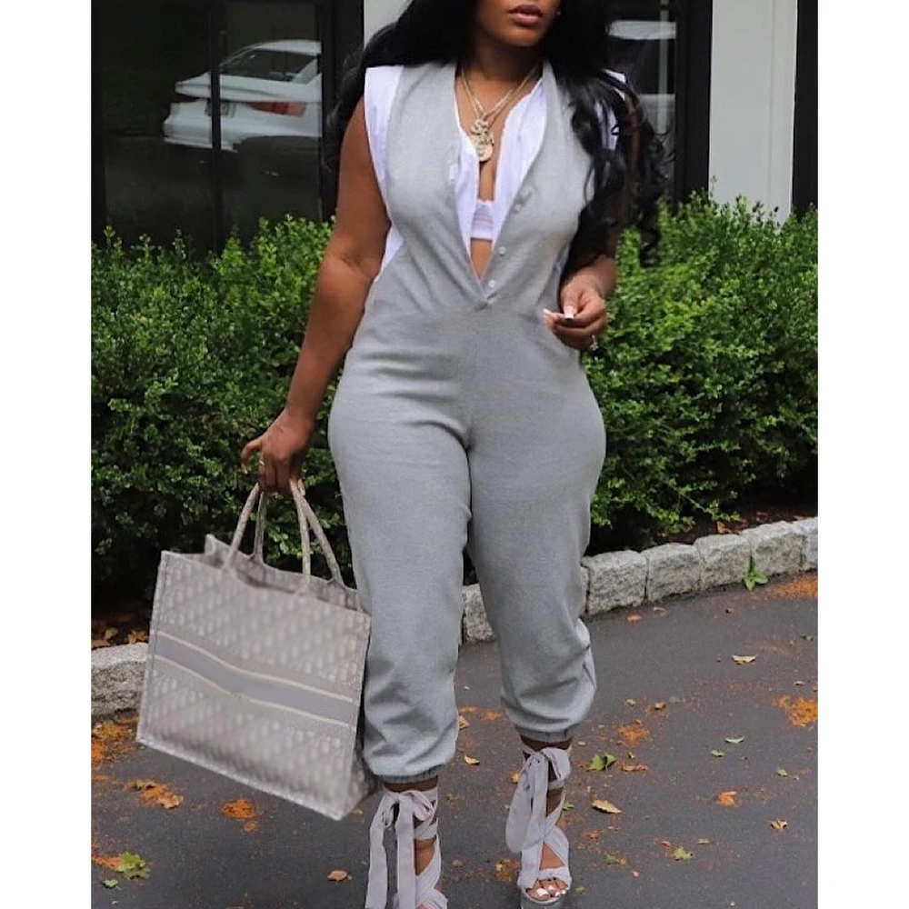 

Women Summer Colorblock Fake Two-Piece Sleeveless Cuffed Jumpsuit Casual Fashion Femme Sleeveless Lady Jumpsuts Femme Outfits