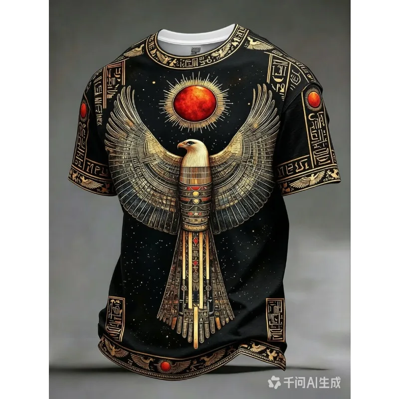 Ancient Egyptian Horus Falcon God 3D Print T‑Shirt, Short Sleeve Top, Breathable Quick‑Dry Unisex Casual Apparel