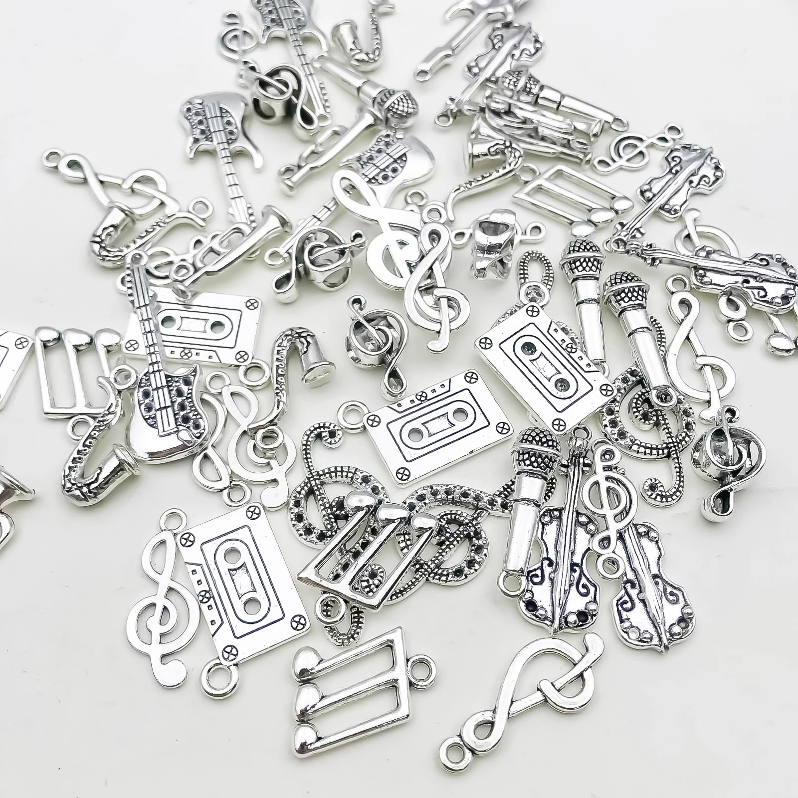 Mix 60pcs Antique Silvery Musical Instrument Notes Charms Pendants For Jewelry Making Guitar Piano Violin Findings